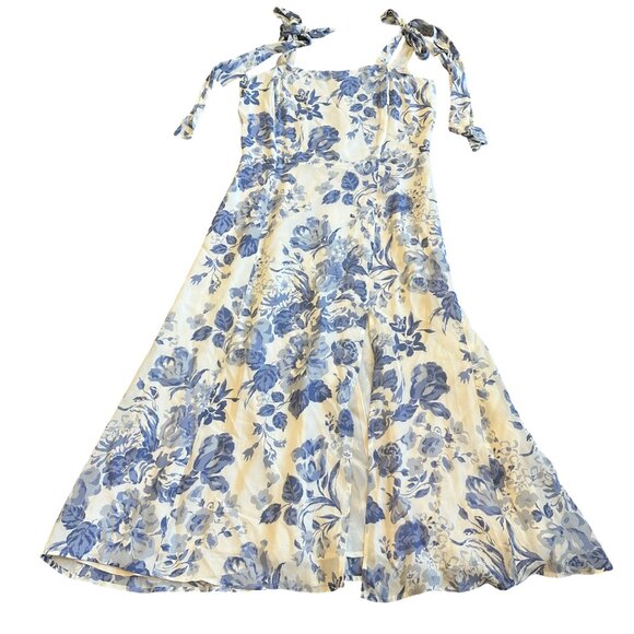 Reformation Twilight Dress White Blue Floral Print Tie Shoulders Size 12 Womens - Picture 2 of 13